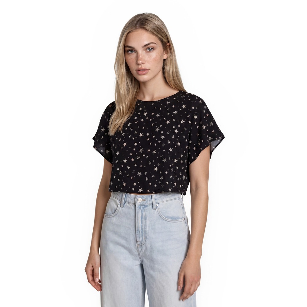 Tibi Crop Top Blouse Women's Size XS Black Star Print Cape Sleeve Shirt